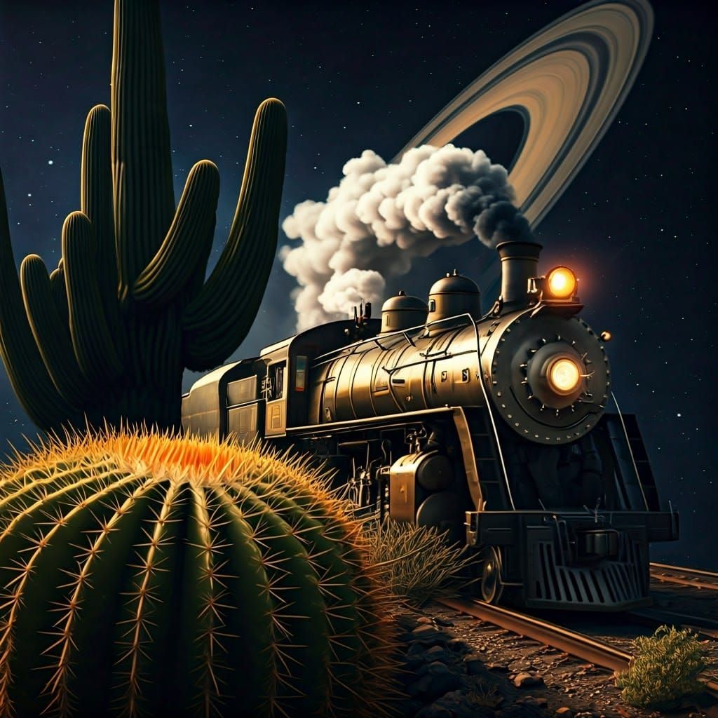 Steam Train Pierces Cactus in Space, Digital Art