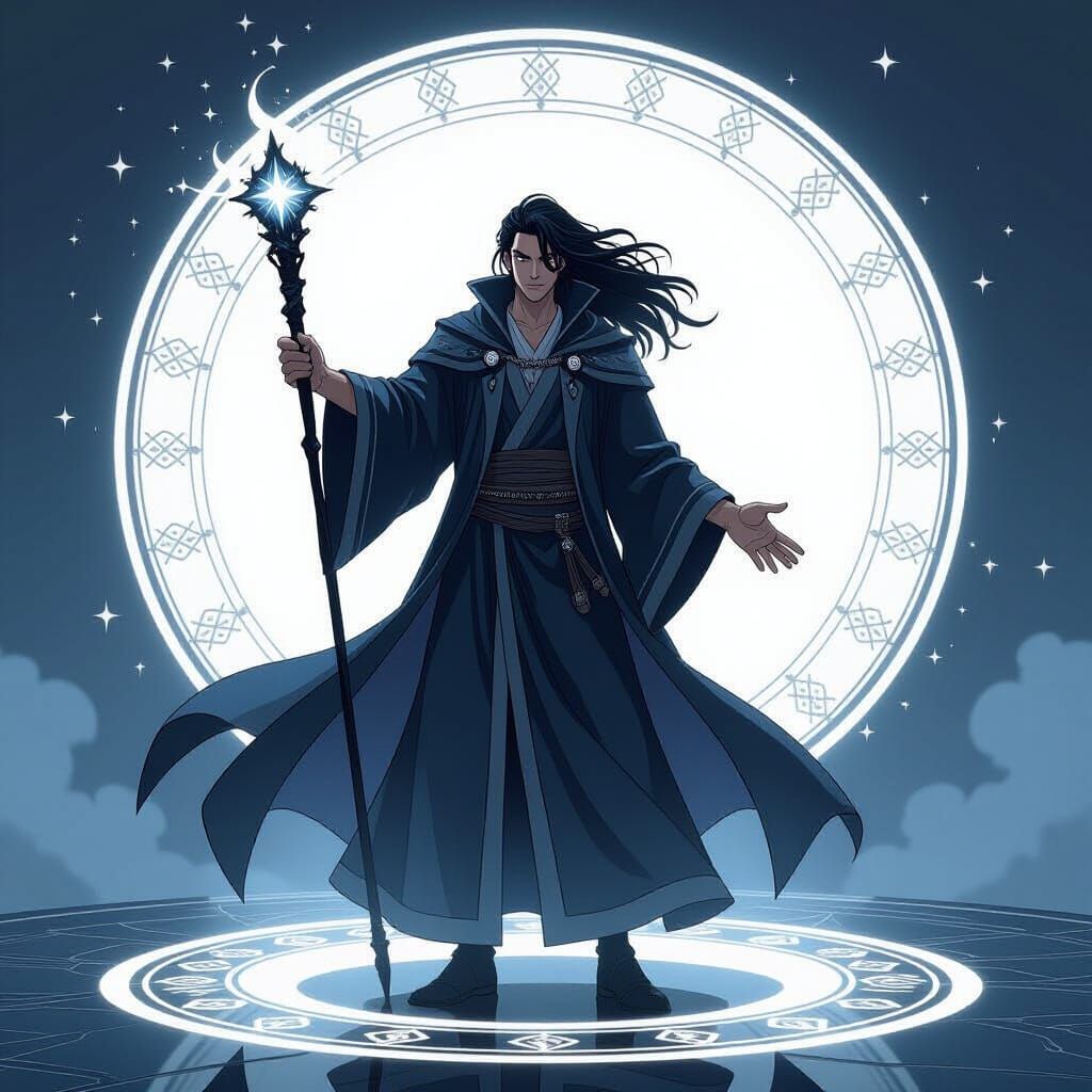 Wizard with Wand in Glowing Circle: Anime Style