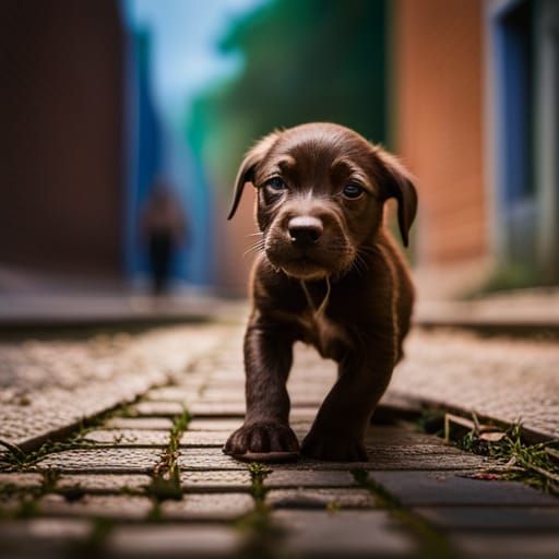 Macro Puppy Portrait in Alley: Photorealistic Detail