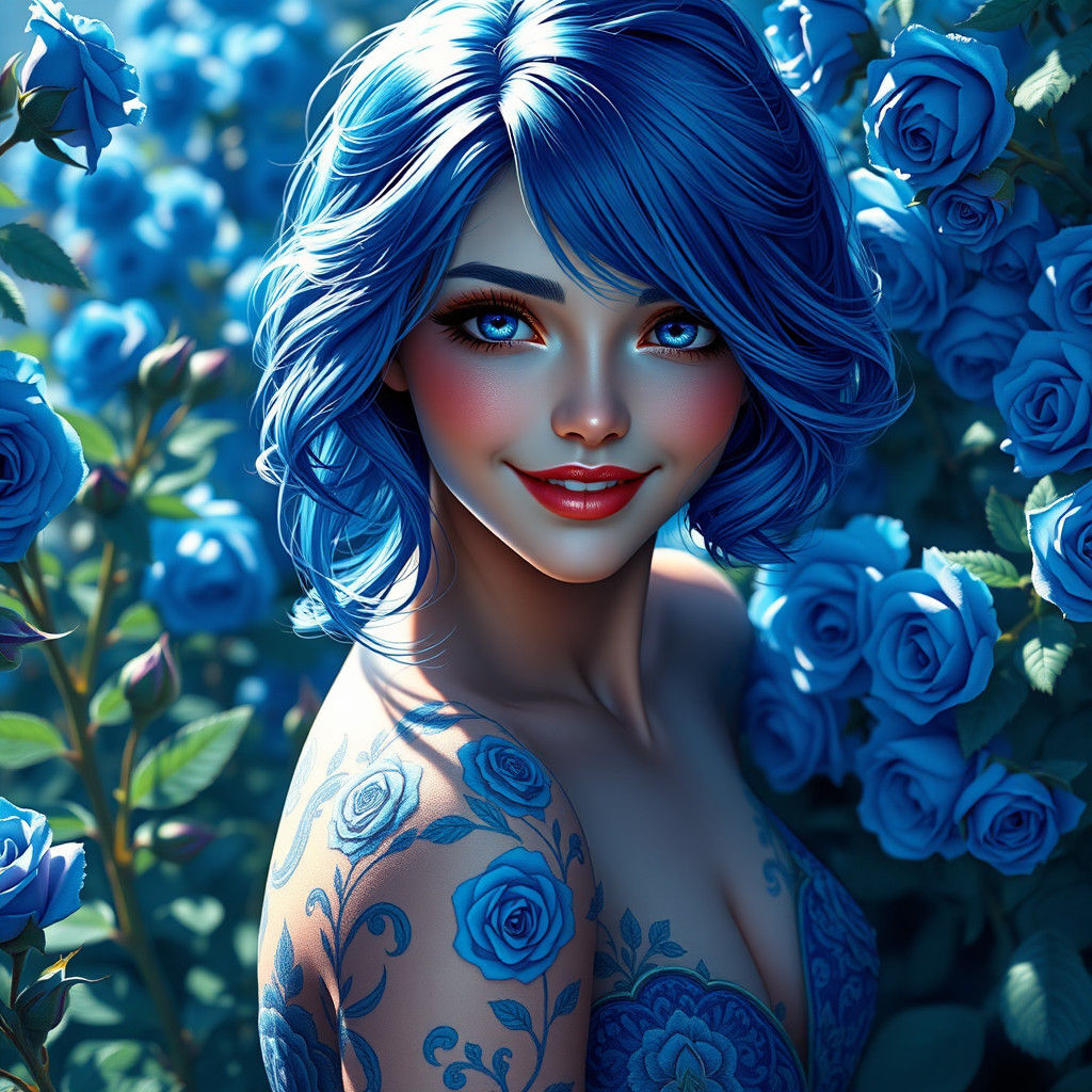 Blue-Haired Woman in Rose Garden: Hyperrealistic Portrait