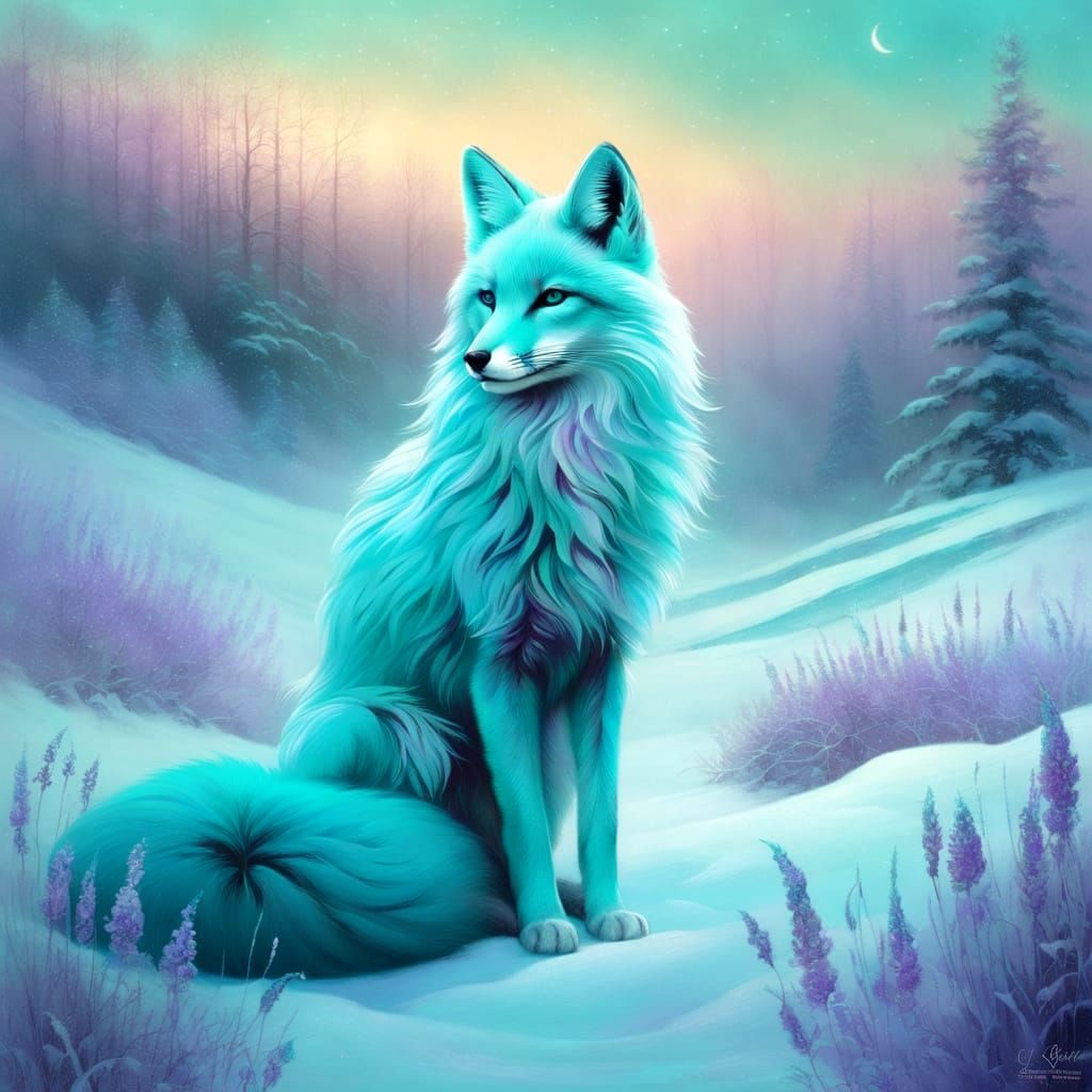 Turquoise Fox in Dreamlike Winter Snowfield
