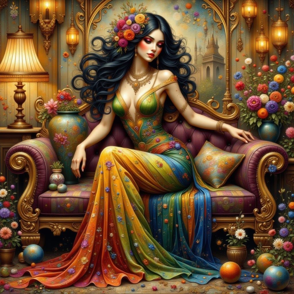 Raven-Haired Beauty in Art Nouveau Sitting Room