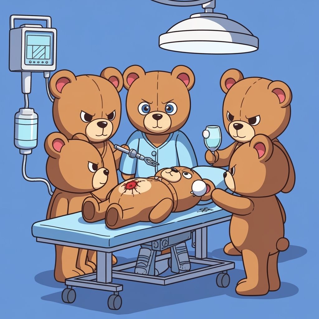 Evil Teddy Bears Plan Surgery on One-Eyed Bear