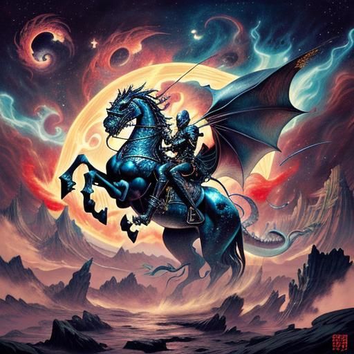 Cosmic Knight Dragon Rider in Psychedelic Art Style