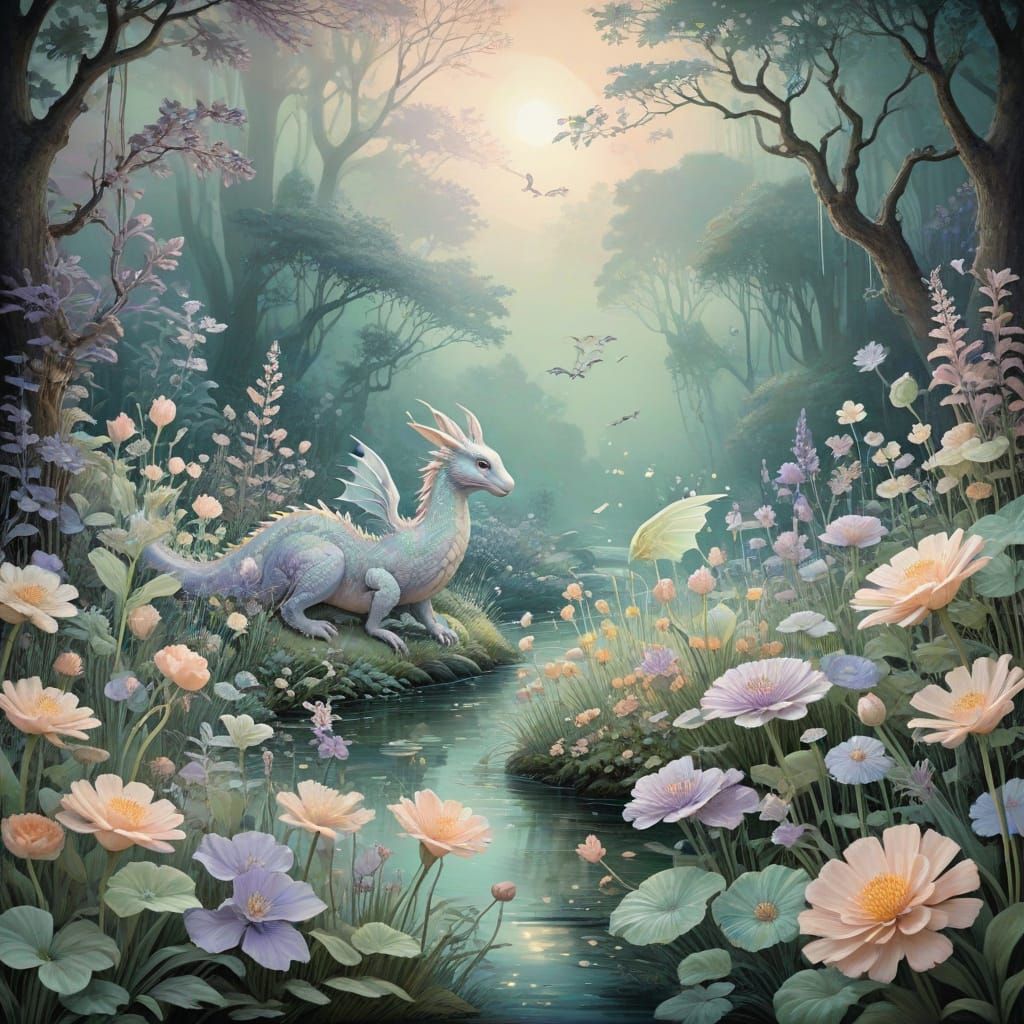 Dreamy Floral Landscape with Whimsical Creatures