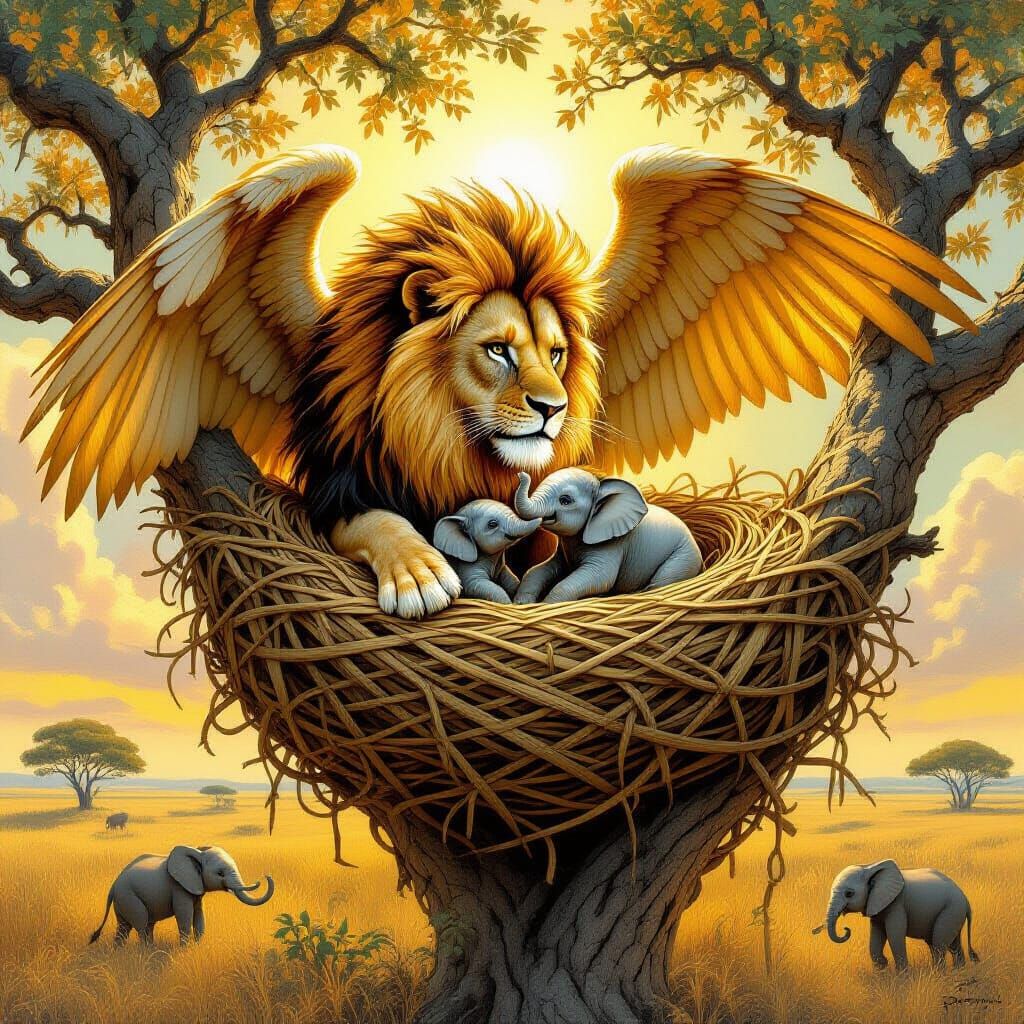 Lion-Headed Eagle with Baby Elephants, Surreal Oil Painting