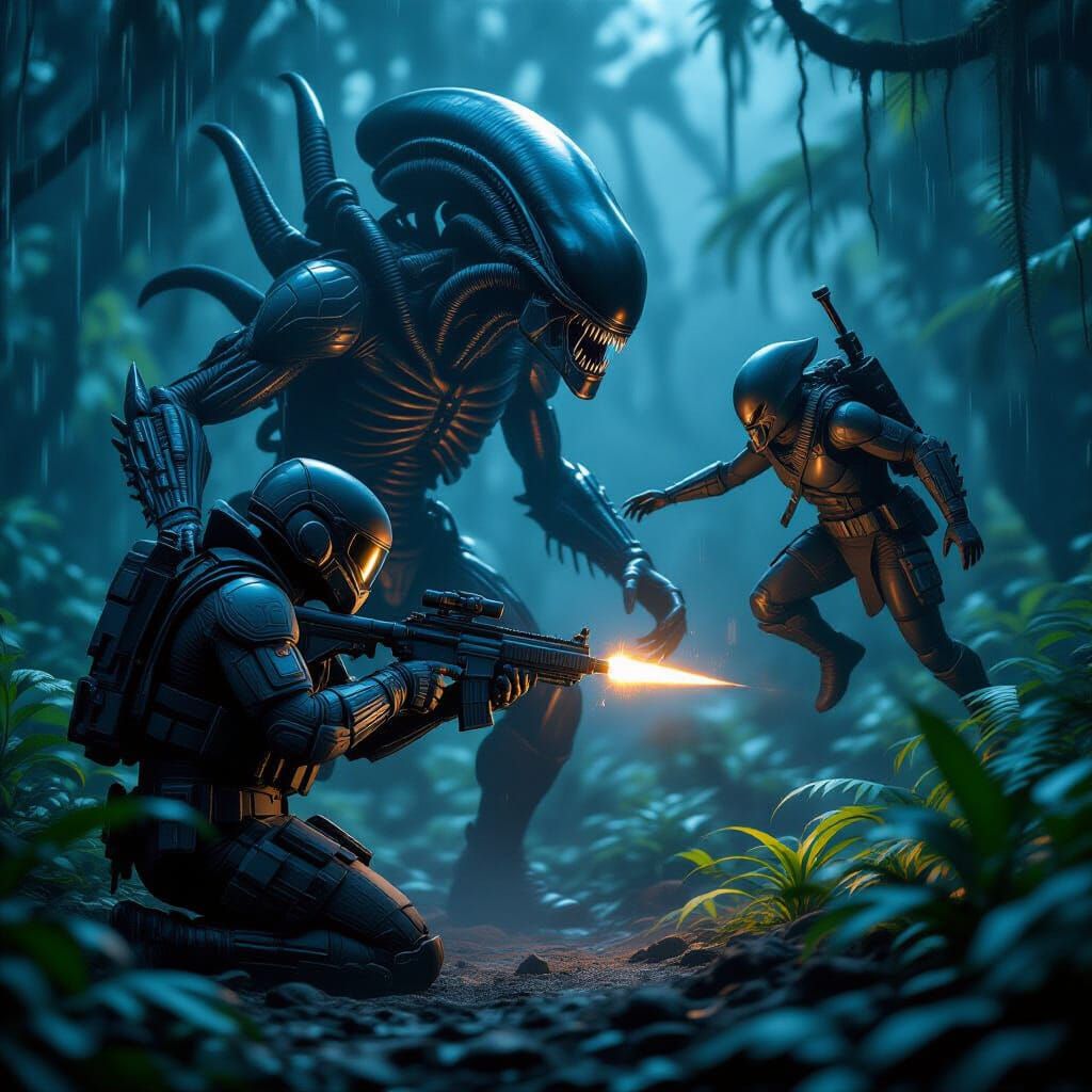 Alien vs Predator Battle in Biomechanical Style
