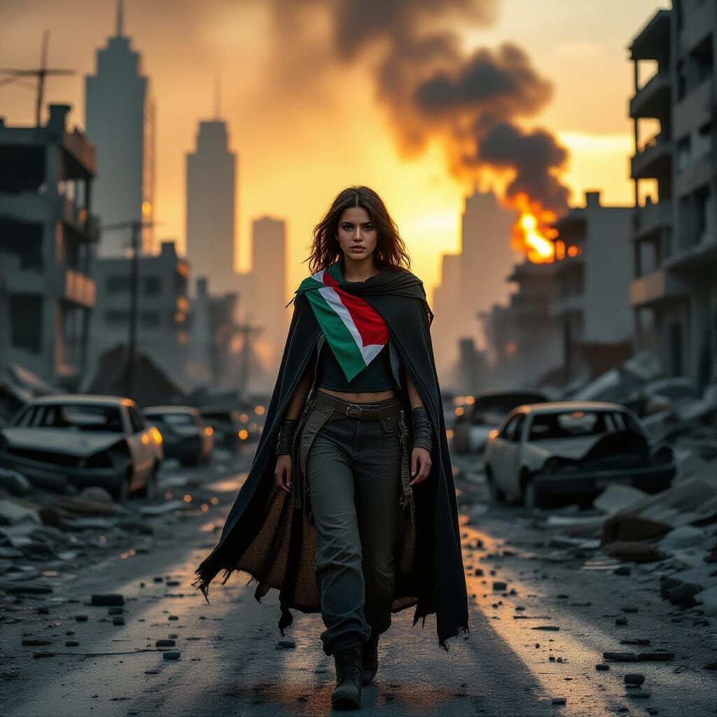 Determined Woman Walks Through Post-Apocalyptic City