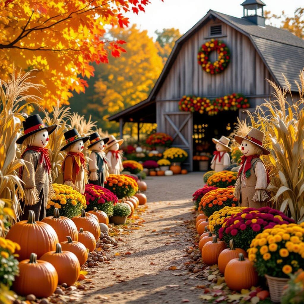 Bustling Autumn Market Scene with Scarecrows and Barn
