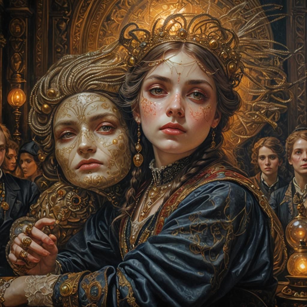 Victorian Girl in Mystical Chamber: Oil Painting