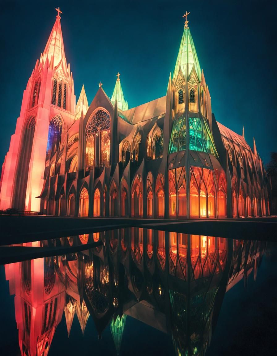 Infrared Polaroid of Glowing Cathedral in Cubist Style