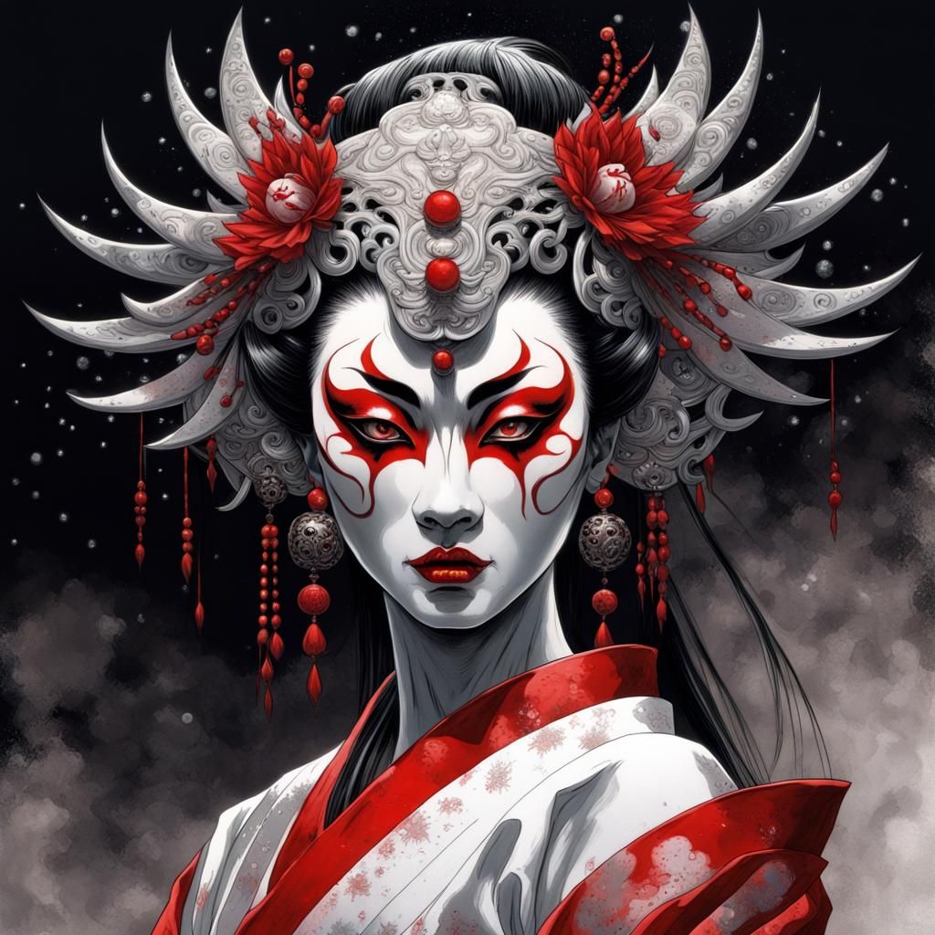Creepy Kabuki Mask Pin-Up in Modern Ink Painting
