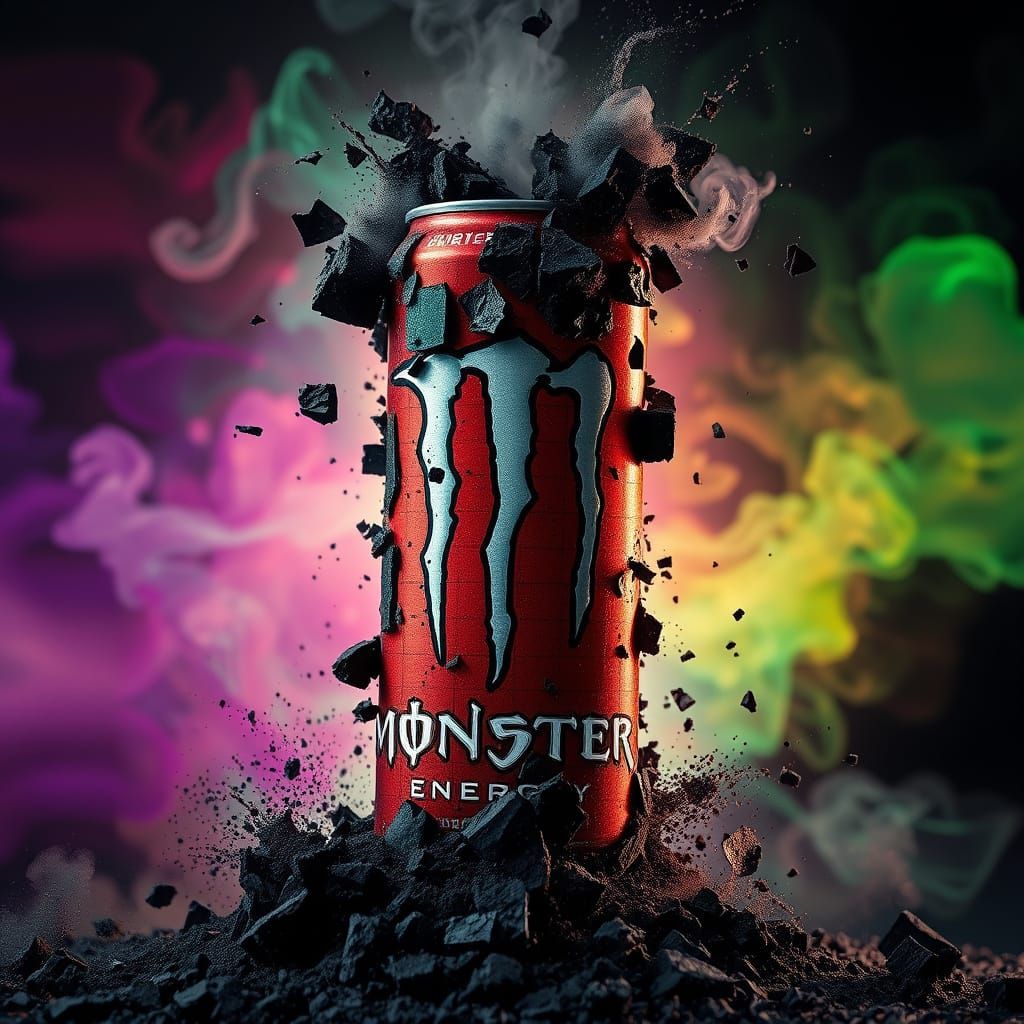 Hyperrealistic Monster Energy Drink Can in Ruins, Swirling M...