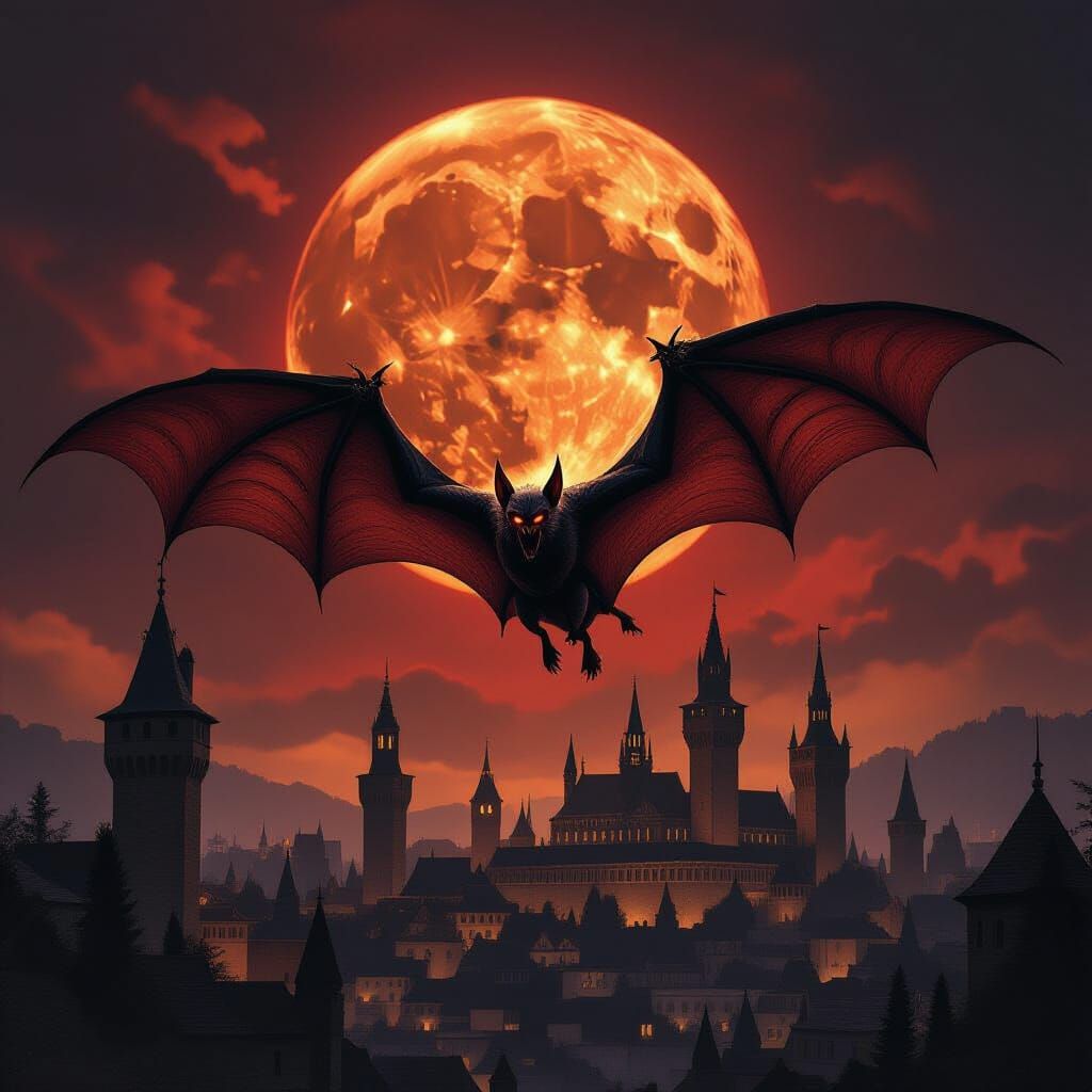 Giant Demonic Bat Over Medieval City Under Blood Moon