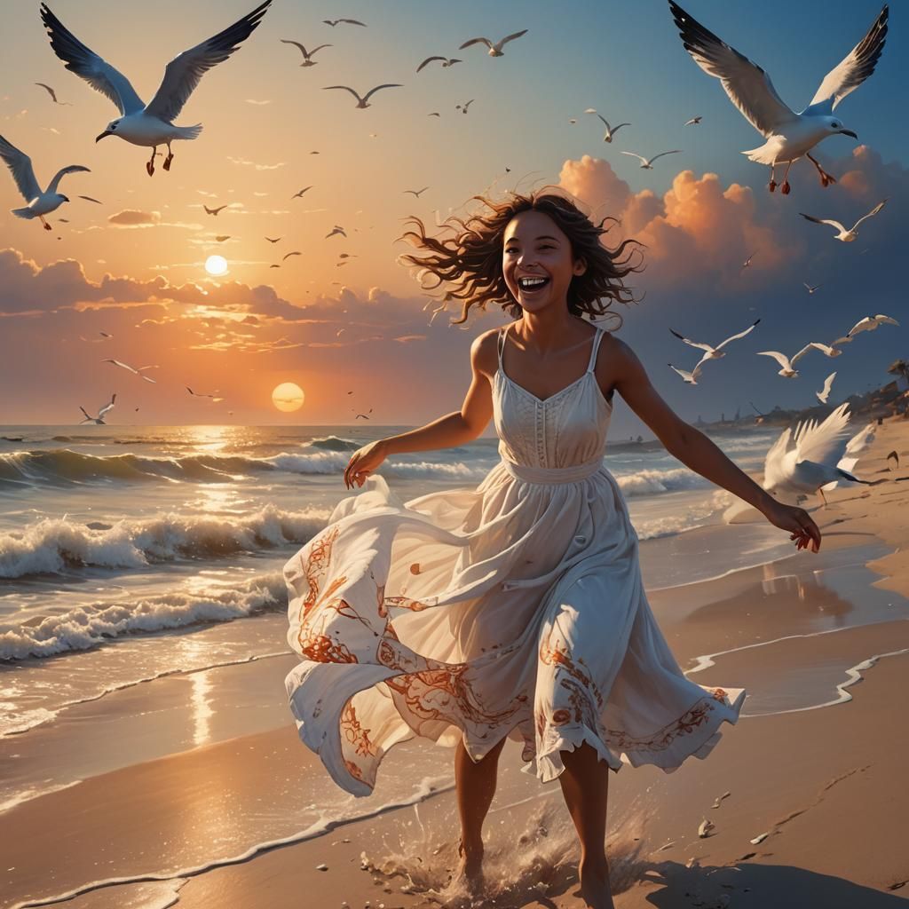 Girl on Beach at Sunset: Cinematic Fantasy Art