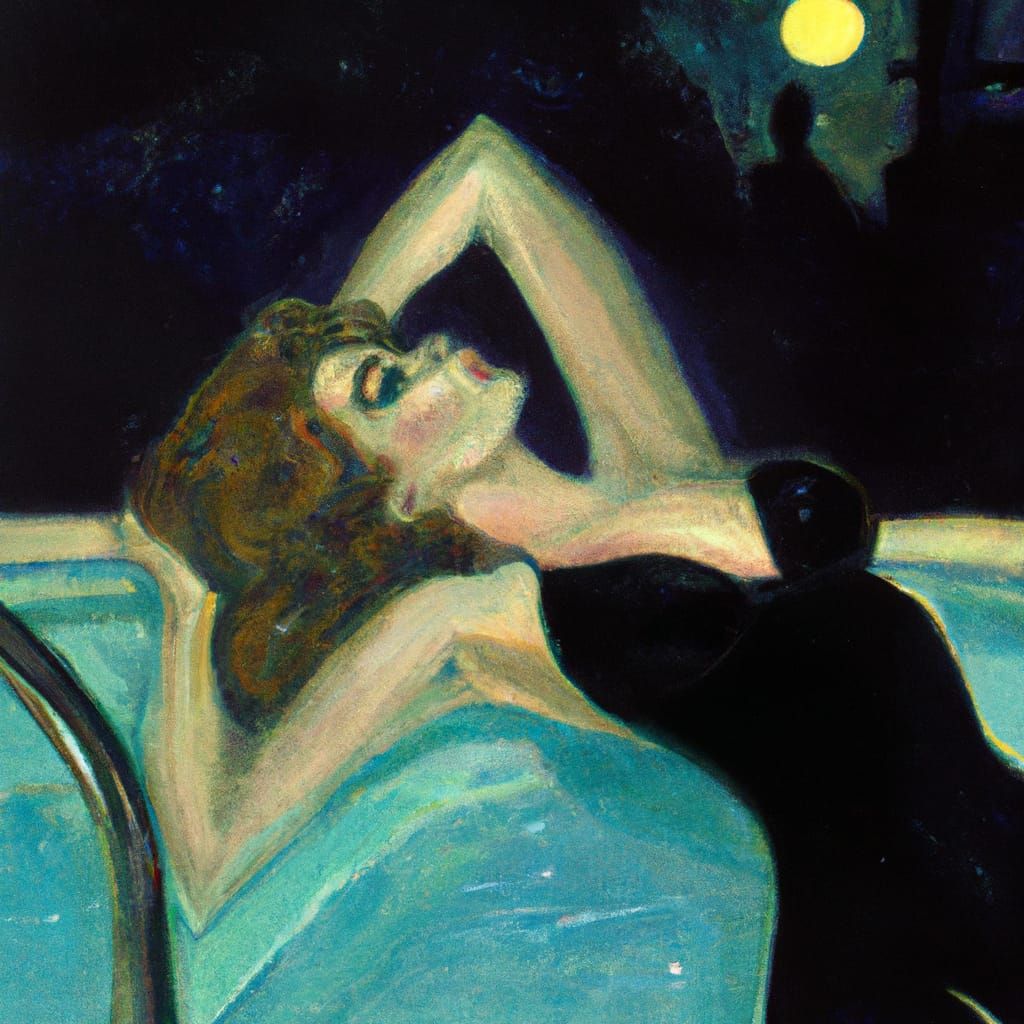 Gorgeous Woman Relaxing in Pool at Night, Malcolm Liepke Sty...
