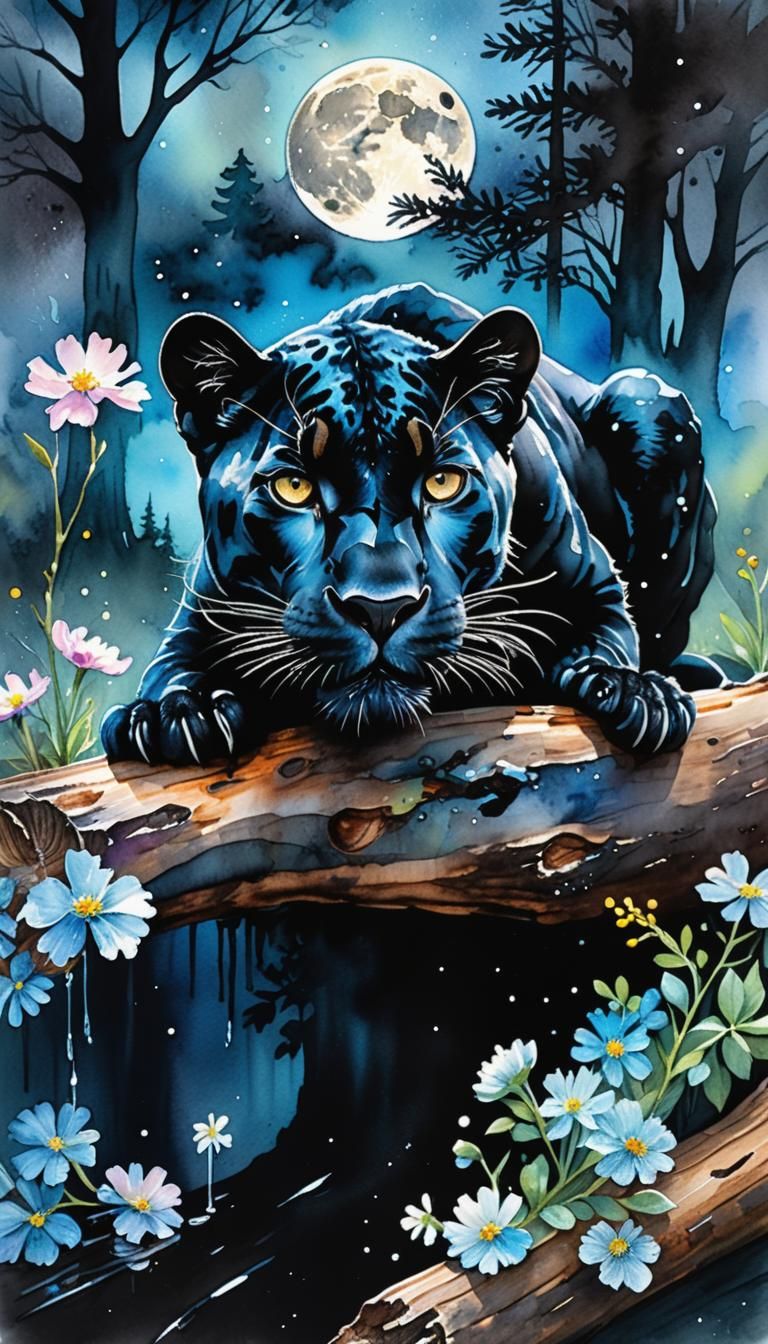 Black Panther in Moonlight: Hyperrealistic Watercolor Illust...