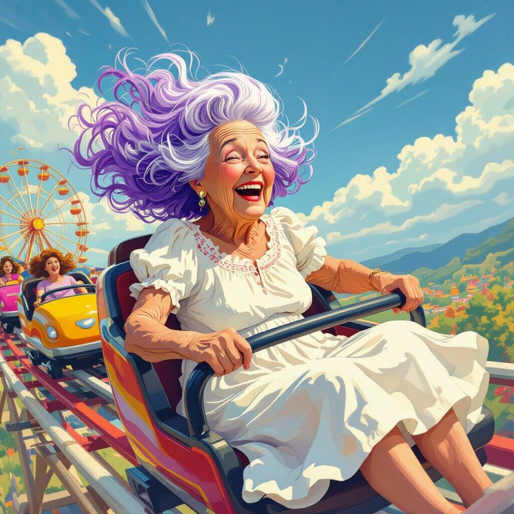 Woman on Rollercoaster in Whimsical Animated Style