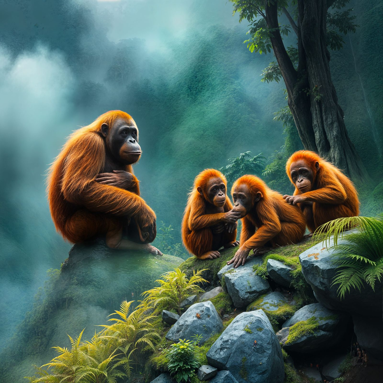 Orang Utang watching young orang utangs playing on a mountain