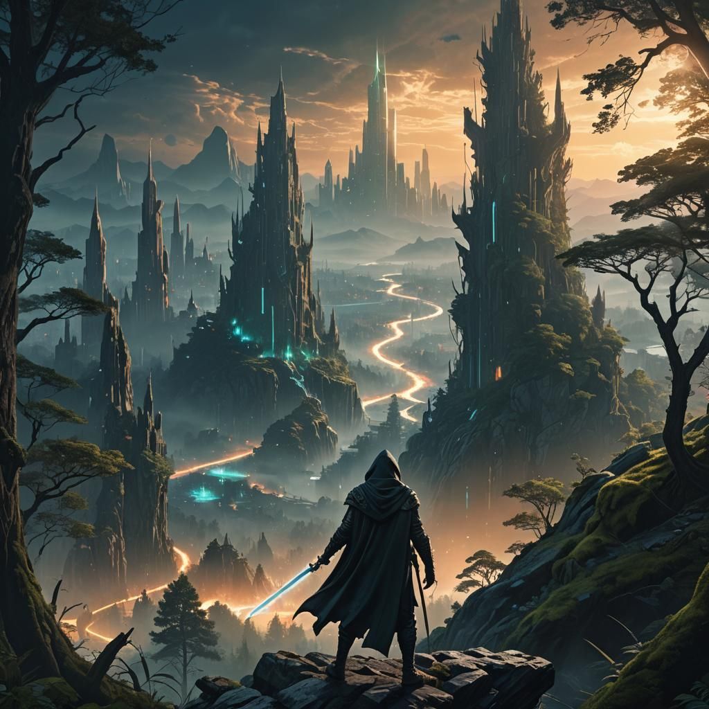 Hooded Figure in Fantasy Sci-Fi Landscape