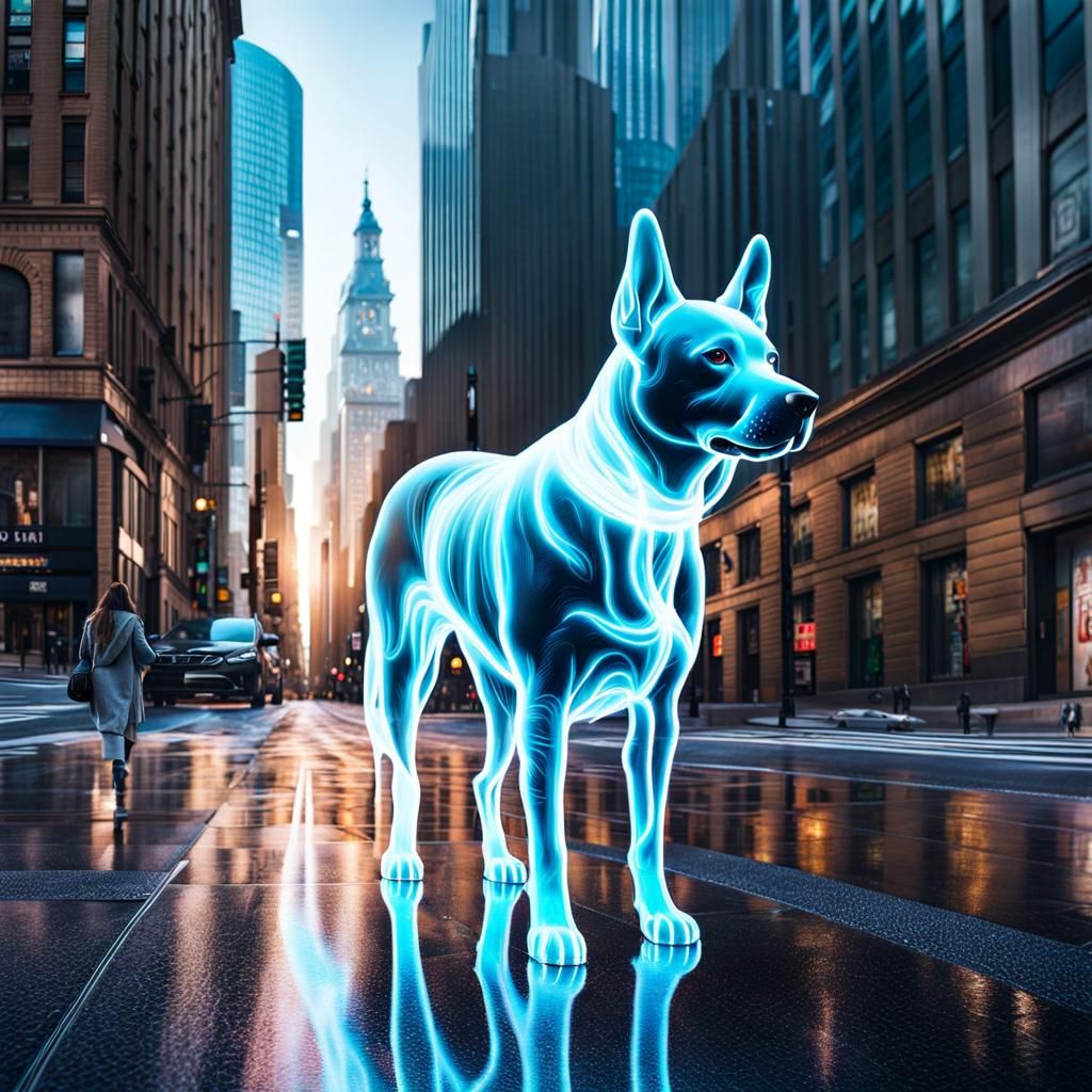 Ethereal Ghost Dog in City, Digital Illustration