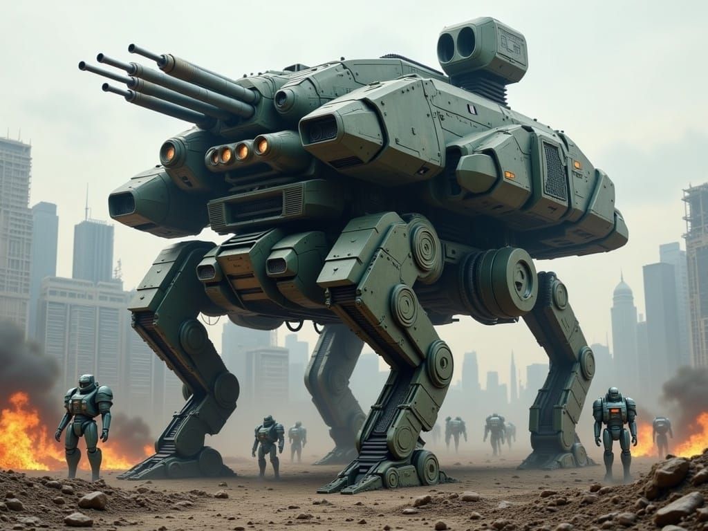 Quadrupedal Mobile Armor in Ruined Cityscape