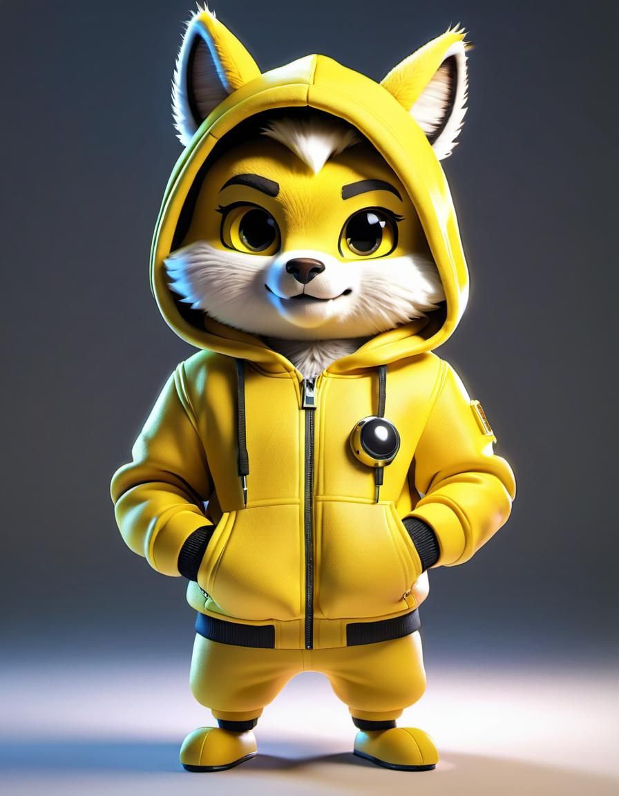 Synth Furry Android in Yellow Hoodie, 3D Render