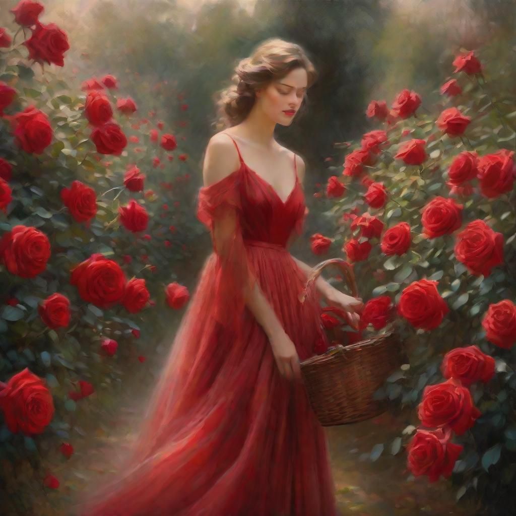 Woman in Rose Garden: Pre-Raphaelite Painting