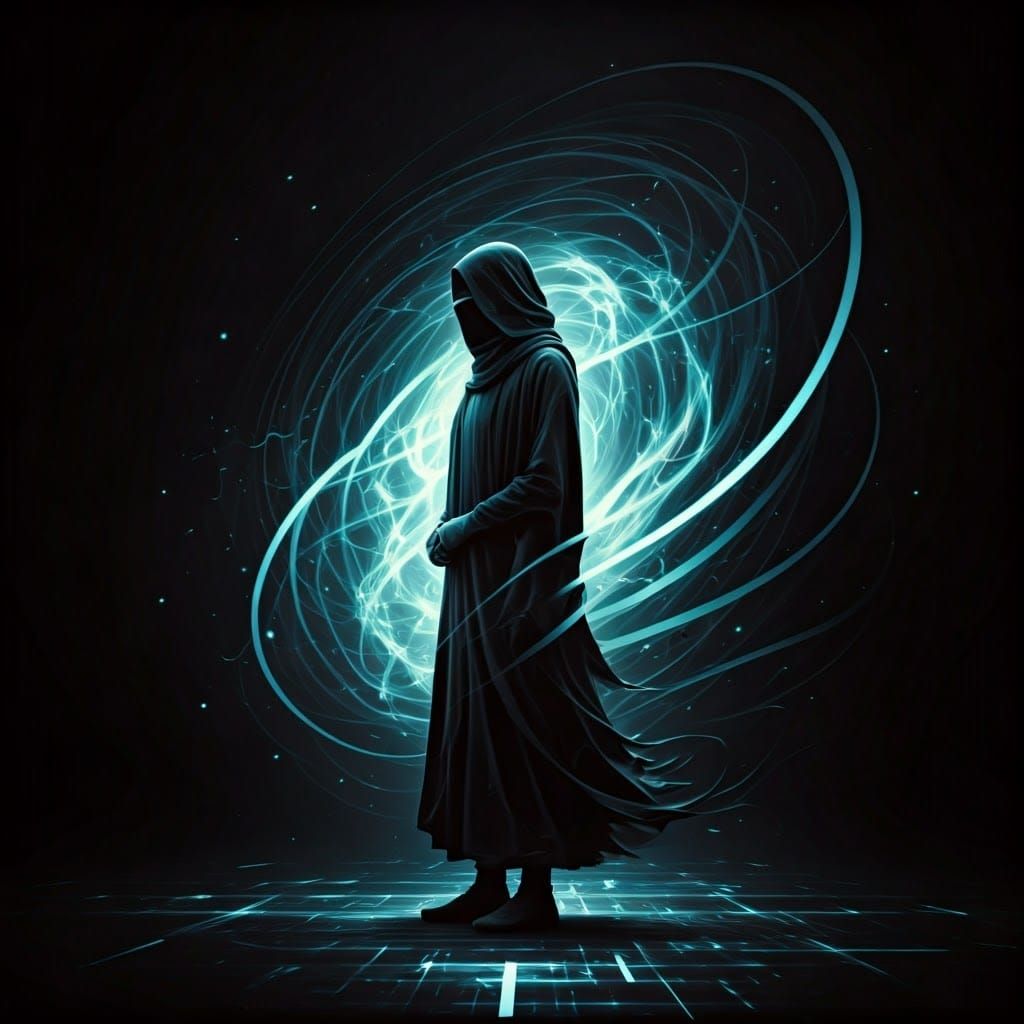 Solitary Figure Amidst Swirling Sound and Energy