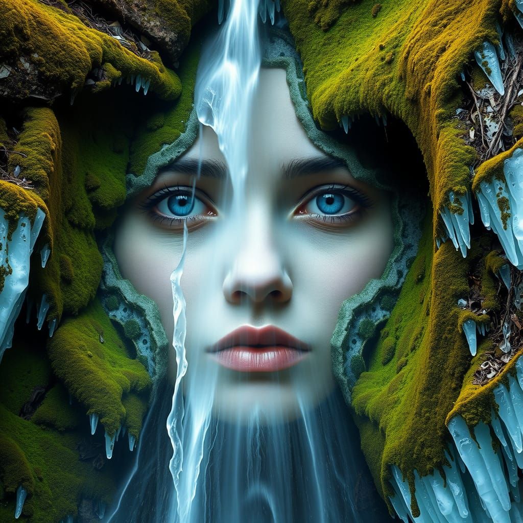 Waterfall Forms a Woman's Face with Moss and Ice