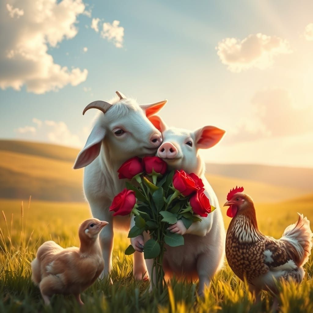 Tender Goat Kissing Pig in Serene Landscape with Roses and C...