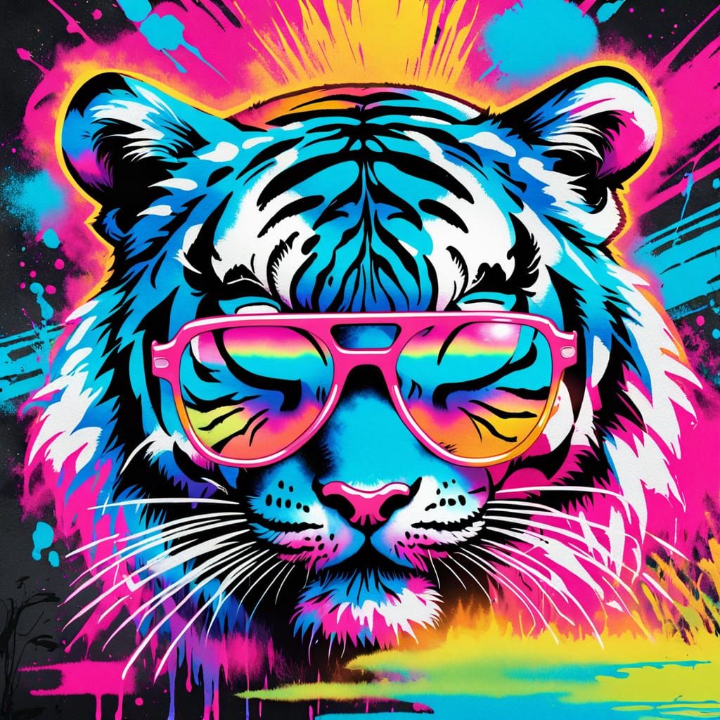Airbrushed Tiger T-Shirt Design in 80s Neon Style