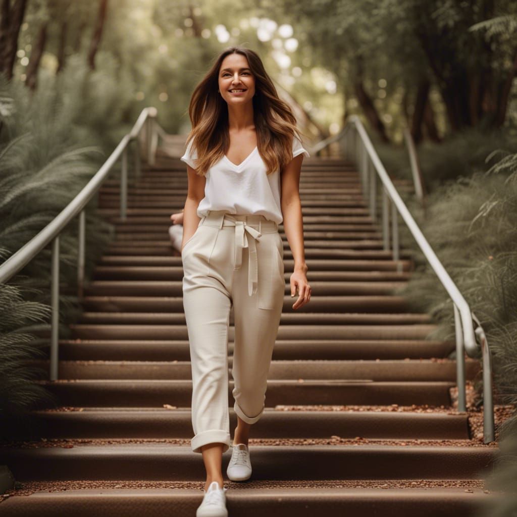 Woman Ascends Park Steps in Rococo Style
