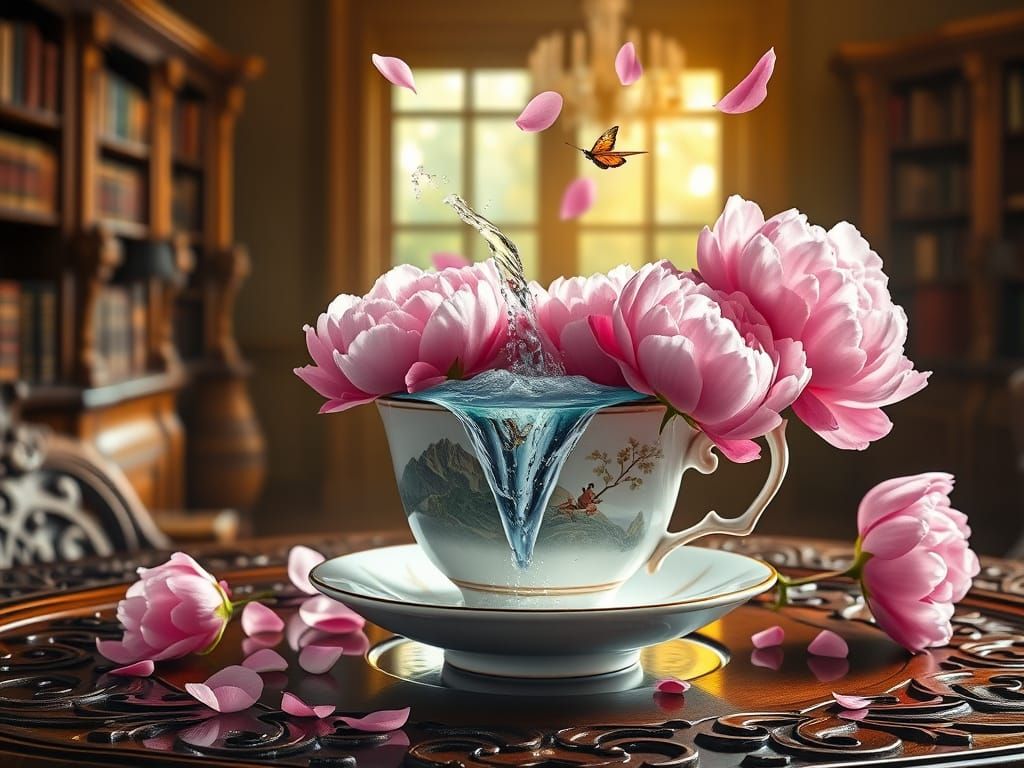 Surreal Peony Teacup with Waterfall and Butterfly