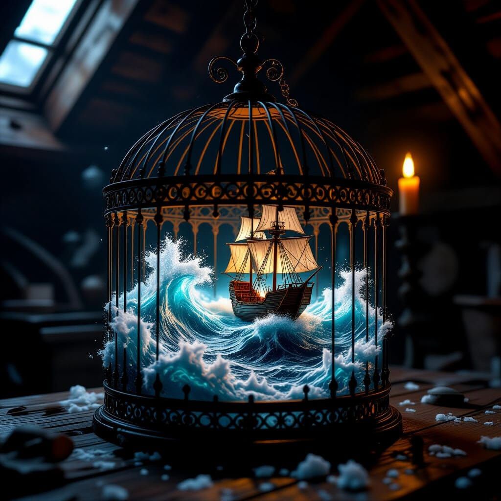 Surreal Ocean Storm Inside Antique Birdcage