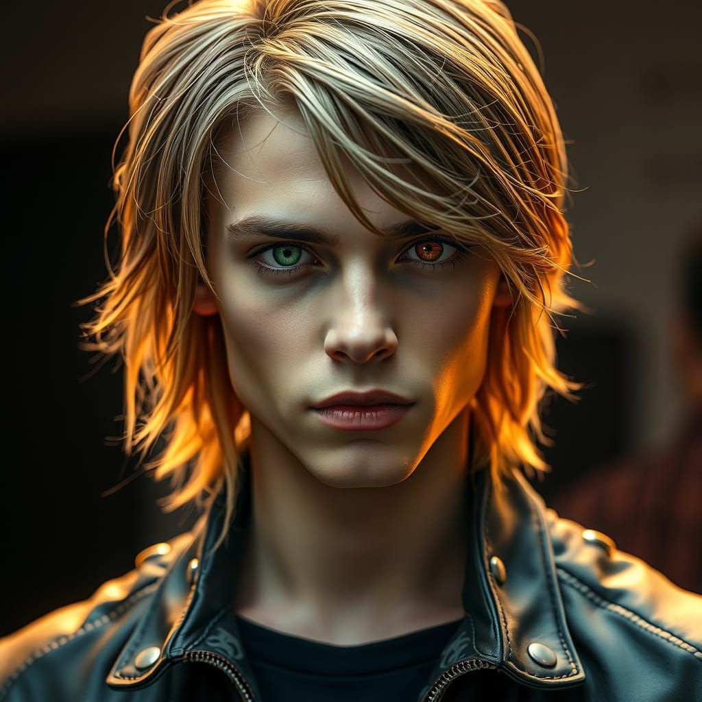 Striking Man with Heterochromia in Cyberpunk Style