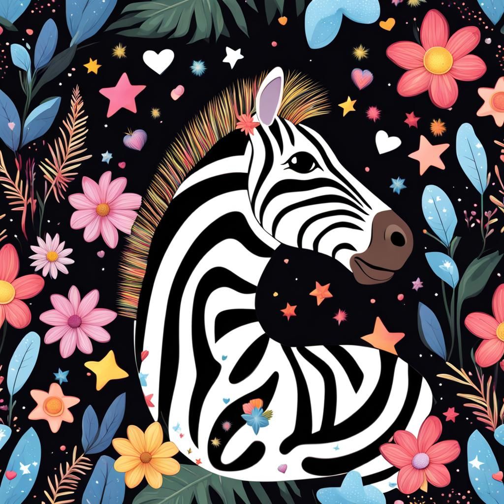 Zebra Striped Snake with Flowers in Splash Art