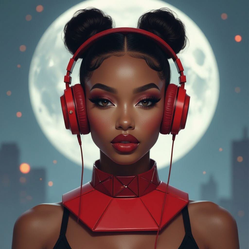 Cyberpunk Portrait of Woman with Red Headphones