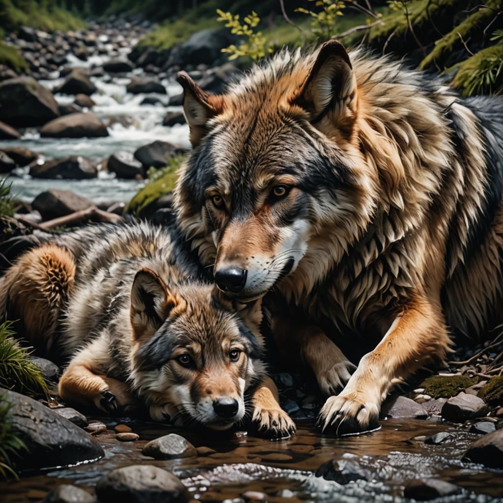 Mother Wolf and Pup Snuggling by Stream