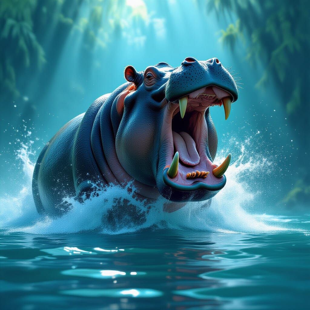 Colossal Hippo Roars From Water in Hyperrealistic Digital Ar...