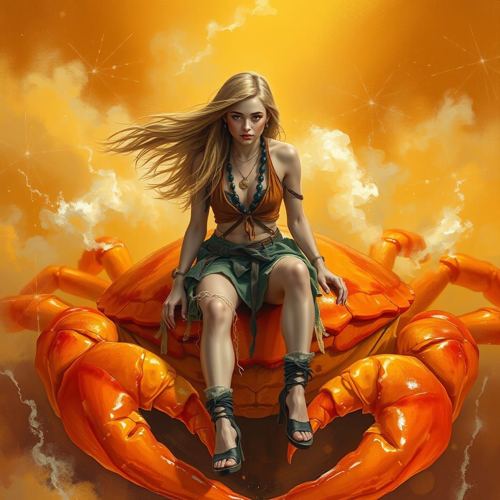 Woman on Gummy Crab in Effervescent Soda Sea