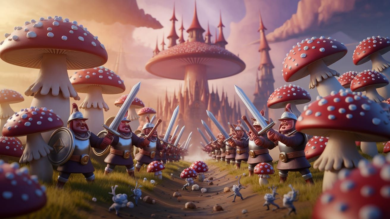 Fantastical Mushroom Battleground in Vibrant, Golden Hues