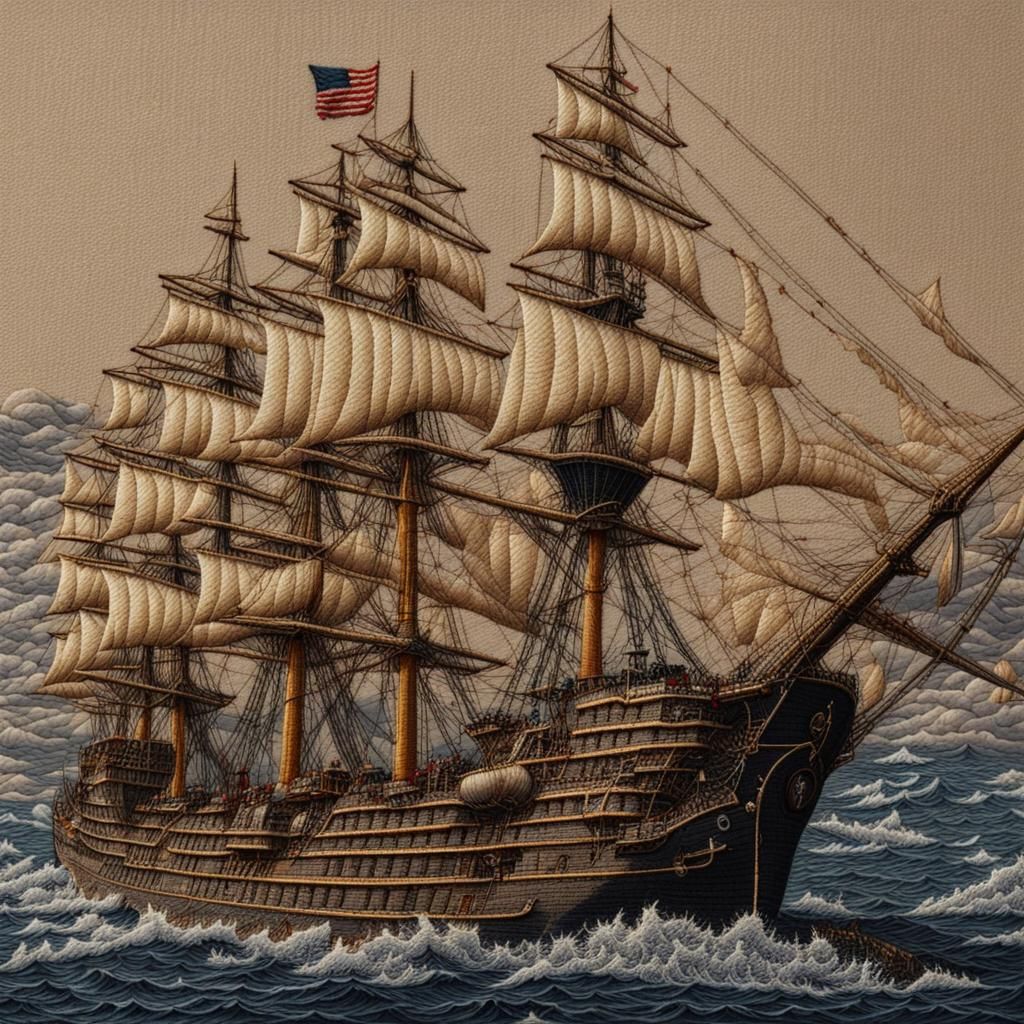 Detailed Naval Scene Embroidery Art