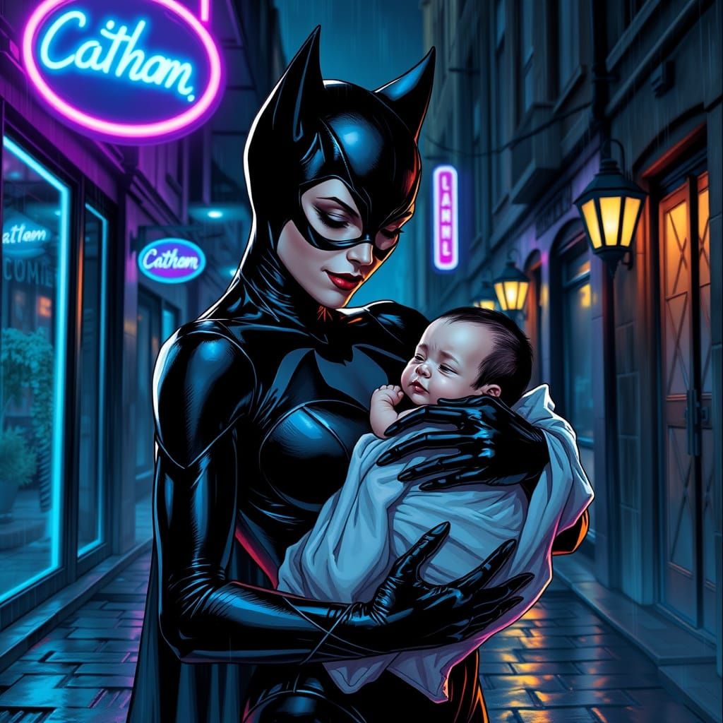 Catwoman Cradles Baby in Moody Gotham Alleyway