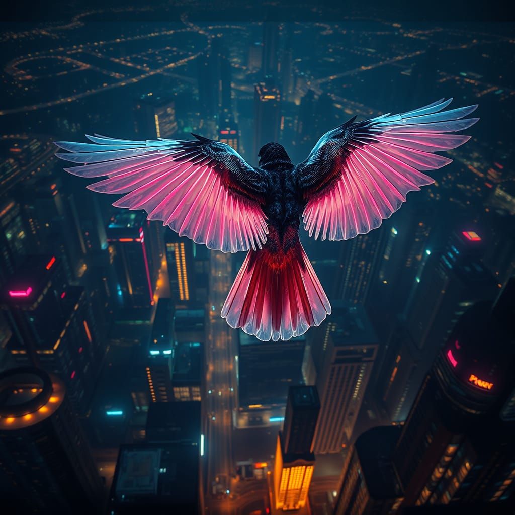 Neon Robin Soaring Over Cyberpunk Cityscape