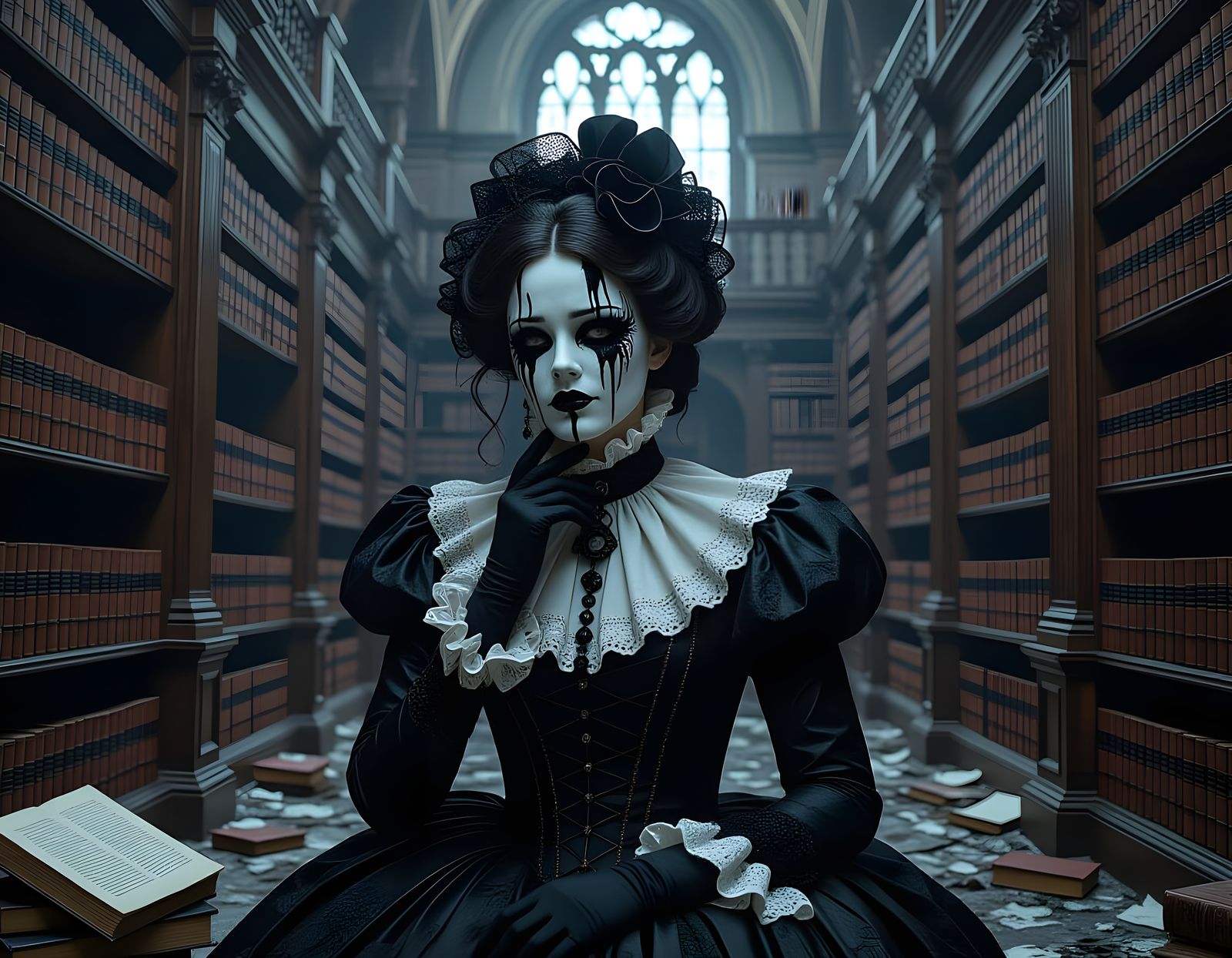 Spectral Figure Weeps Black Ink in Gothic Library