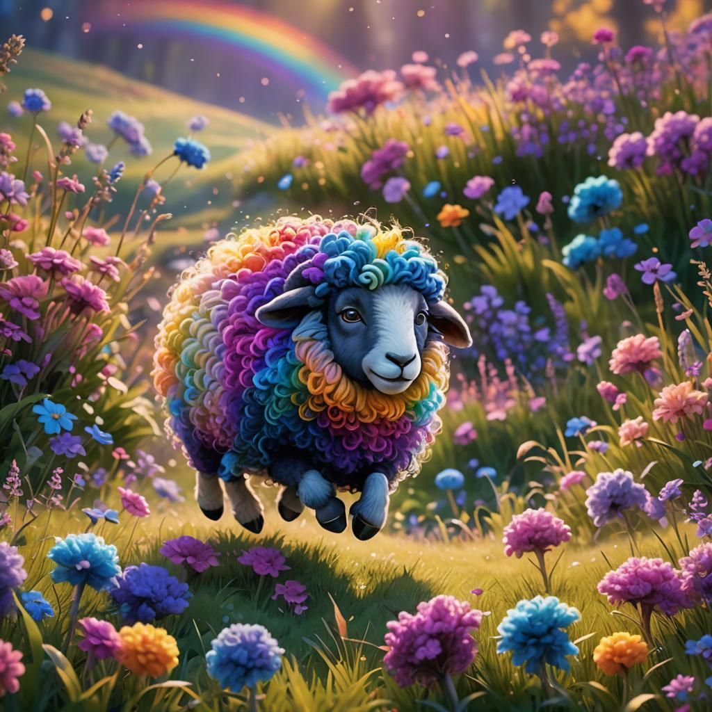 Rainbow Wooly Sheep in Dreamy Meadow, Disney Style