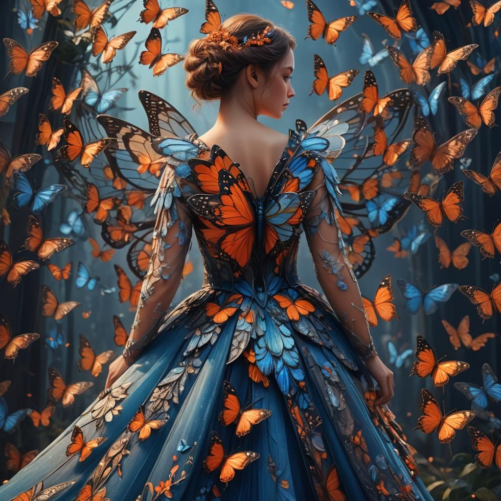 Elegant Woman in Butterfly Gown: Fantasy Art