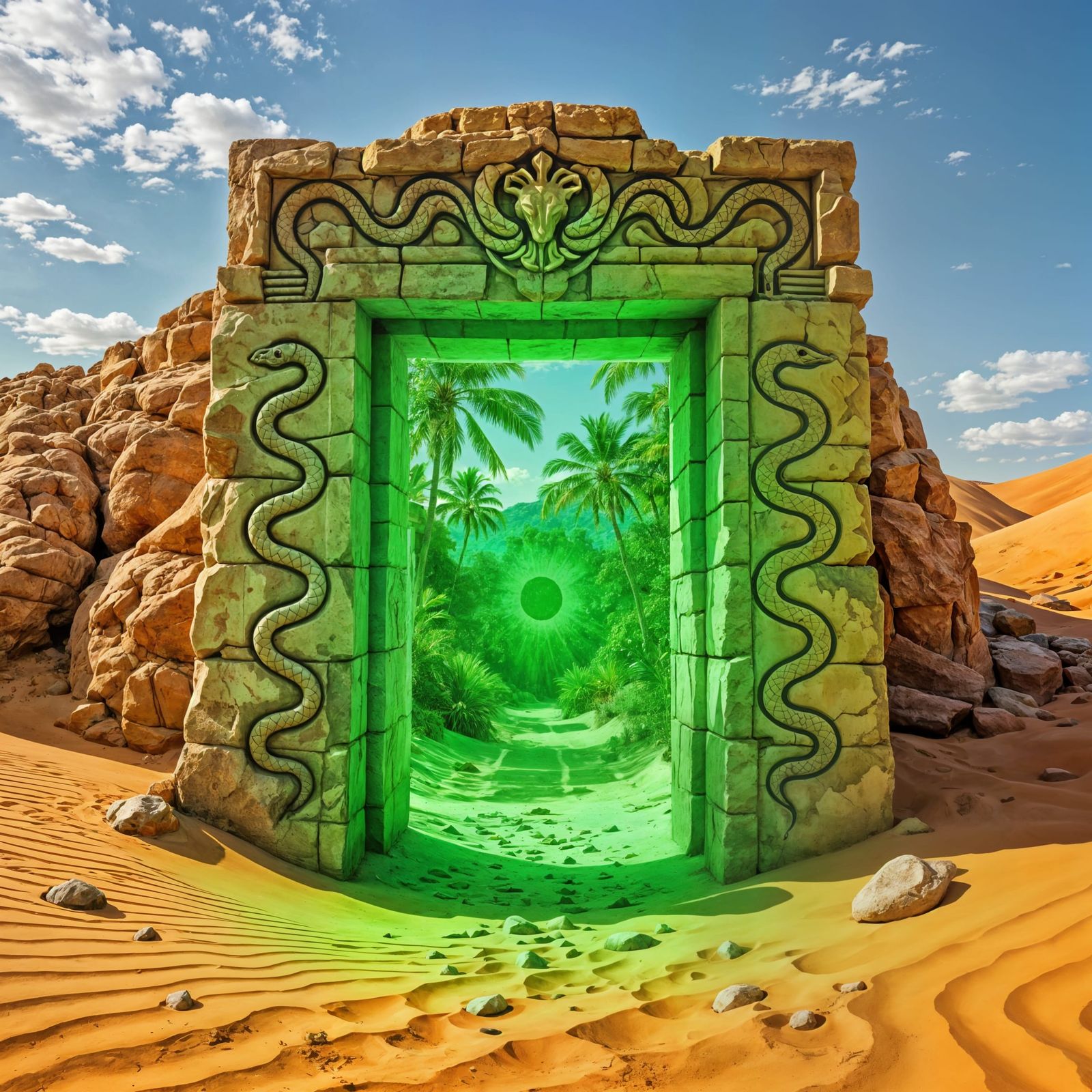 Desert Portal with Snake Carvings Leading to Lush Jungle