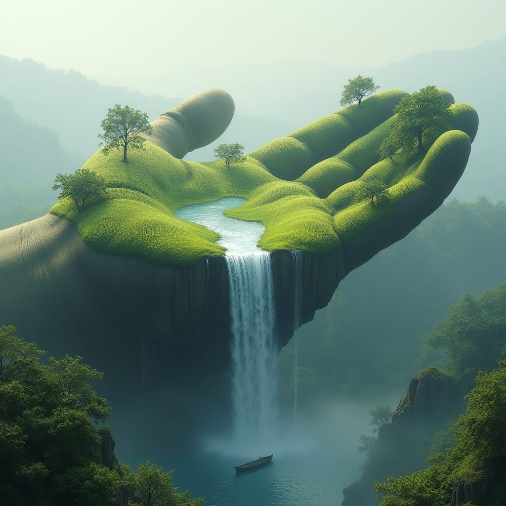 Surreal Landscape: Giant Hand Emerges from Earth